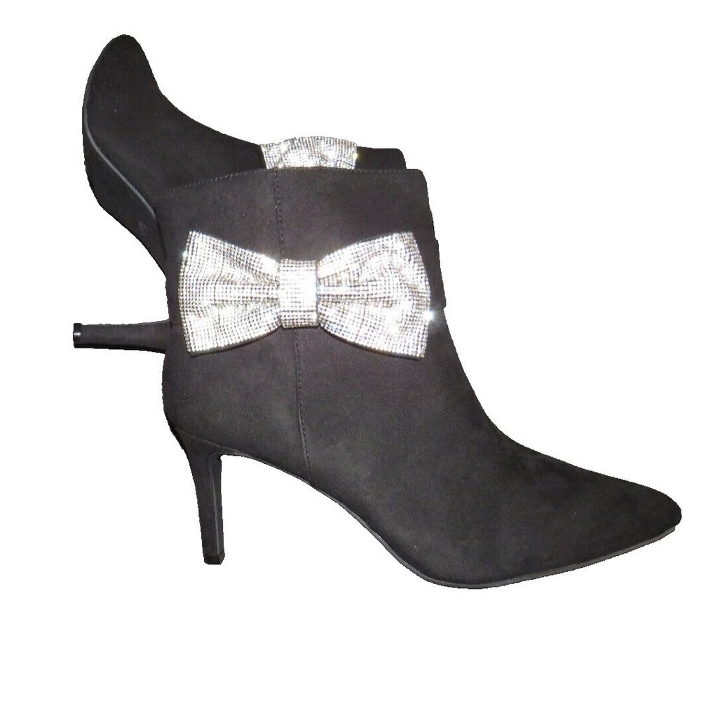 Torrid Black Faux Suede Rhinestone Bow Stiletto Ankle Boots Size 13 WW
